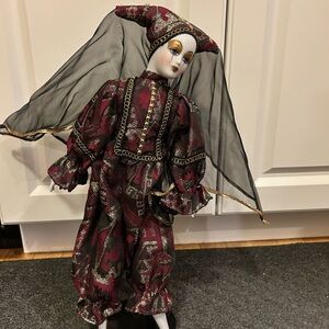 Elegant Porcelain Jester Doll (maroon, gold, black)